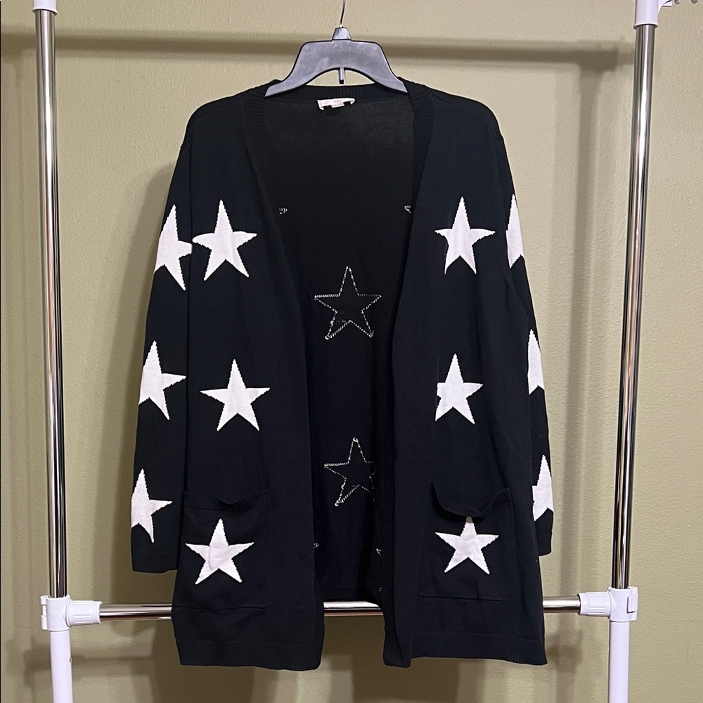 Star Open Front Cardigan Sweater - Belle by Kim Gravel - Black & White - 1X